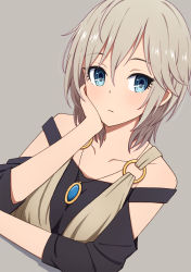 Rule 34 | 10s, 1girl, anastasia (idolmaster), bare shoulders, blue eyes, blue gemstone, blush, breasts, collarbone, dutch angle, expressionless, eyelashes, gem, grey background, hair between eyes, hand on own cheek, hand on own face, highres, idolmaster, idolmaster cinderella girls, jewelry, looking at viewer, o-ring, off shoulder, pendant, ringed eyes, short hair, short sleeves, silver hair, simple background, small breasts, solo, tsurime, upper body, yahiro (epicopeiidae)