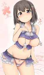 Rule 34 | 10s, 1girl, 3:, adapted costume, bare shoulders, black hair, blush, breasts, brown eyes, character name, collarbone, earrings, haguro (kancolle), haguro kai ni (kancolle), hair ornament, hand on breast, heart, heart earrings, highres, jewelry, kantai collection, large breasts, looking at viewer, navel, nipples, okiraku nikku, short hair, sleeveless, solo