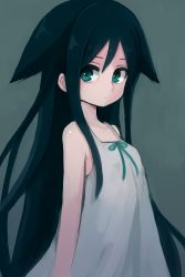 Rule 34 | 1girl, :/, arms at sides, bare shoulders, closed mouth, dress, flower, green background, green eyes, green hair, hair between eyes, hair flower, hair ornament, konarofu, long hair, looking at viewer, matching hair/eyes, saya (saya no uta), saya no uta, simple background, solo, sundress, very long hair, white dress, aged down