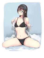 Rule 34 | 1girl, aqua eyes, black bra, black hair, black panties, blouse, blush, bra, breasts, closed mouth, collarbone, glasses, green hairband, groin, hair between eyes, hairband, highres, kantai collection, long hair, navel, no pants, ooyodo (kancolle), open clothes, open shirt, panties, shirt, simple background, small breasts, smile, solo, spread legs, underwear, white shirt, yuuji (and)