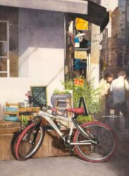 Rule 34 | 1boy, 1girl, bicycle, chalkboard, city, highres, original, painting (medium), plant, potted plant, realistic, road, scenery, sign, street, traditional media, watanabe masato, watercolor (medium), window