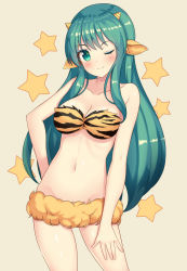 Rule 34 | 1girl, ;), adapted costume, animal ears, aqua hair, bandeau, bare shoulders, beige background, blush, breasts, cleavage, closed mouth, collarbone, cowboy shot, eyebrows, eyelashes, fur trim, green eyes, groin, hand on own thigh, horns, kemonomimi mode, leaning to the side, long hair, looking at viewer, lum, makeup, navel, one eye closed, oni, ribs, sheep ears, shiny skin, shuuichi, simple background, smile, solo, strapless, tiger stripes, urusei yatsura, yellow background