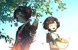 Rule 34 | 2girls, aged down, basket, black dress, black jacket, blue sky, branch, brown hair, closed eyes, closed mouth, commentary request, day, dress, food, fruit, hand up, highres, holding, holding basket, jacket, jewelry, leaf, long sleeves, multiple girls, multiple persona, necklace, open mouth, orange (fruit), outdoors, red dress, red eyes, reverse:1999, schneider (reverse:1999), short hair, short sleeves, sky, smile, tree, upper body, xunyu (manyu)