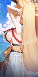 Rule 34 | 1girl, absurdres, adjusting hair, animal ears, arm under breasts, armpits, back, bare back, bare shoulders, blue archive, blue sky, blurry, breasts, cloud, cloudy sky, commentary, depth of field, facing away, fox ears, fox girl, from behind, halo, highres, japanese clothes, kaho (blue archive), kyudong., large breasts, light brown hair, long hair, looking away, outdoors, rope, shimenawa, sideboob, sidelocks, sky, sleeveless, solo, thick eyebrows, yellow eyes