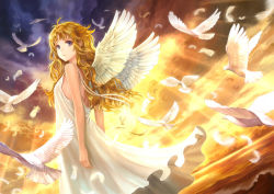 Rule 34 | 1girl, animal, antenna hair, bad id, bad pixiv id, bird, bird wings, blonde hair, blue eyes, closed mouth, cloud, dove, dress, dutch angle, feathered wings, feathers, from side, horizon, light rays, looking at viewer, looking back, ocean, original, outdoors, reflection, siro (asteblanc), sky, sleeveless, sleeveless dress, solo, sunbeam, sundress, sunlight, sunset, waves, white dress, white wings, wings