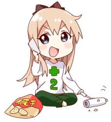 Rule 34 | &gt;:d, :d, blonde hair, blue eyes, blush stickers, cellphone, chibi, chips (food), cleaning, food, full body, indian style, long hair, long sleeves, looking to the side, lowres, namori, open mouth, pajamas, pants, phone, potato chips, shirt, simple background, sitting, smartphone, smile, solo, talking on phone, toshinou kyouko, v-shaped eyebrows, white background, yuru yuri