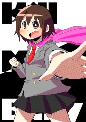 Rule 34 | 1girl, asta=risk, brown eyes, brown hair, cape, clenched hand, copyright name, fist pump, highres, kill me baby, necktie, open mouth, oribe yasuna, perspective, reaching, red necktie, school uniform, short hair, skirt, smile, solo