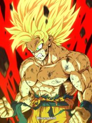 Rule 34 | 1boy, angry, battle damage, blonde hair, blue sash, clenched teeth, dragon ball, dragonball z, furious, green eyes, horang4628, male focus, muscular, muscular male, pectorals, sash, solo, son goku, spiked hair, super saiyan, super saiyan 1, teeth, topless male, torn clothes, wristband