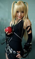 Rule 34 | 1girl, amane misa, amane misa (cosplay), apple, asian, blade, blonde hair, breasts, chain, cosplay, cosplay photo, cross, cross necklace, death note, elbow gloves, fingerless gloves, fishnet pantyhose, fishnets, food, fruit, gloves, holding, holding food, holding fruit, indoors, jewelry, kipi-san, long hair, miniskirt, necklace, pantyhose, photo (medium), real life, skirt, small breasts, solo, thighhighs, torn clothes, two side up, zipper