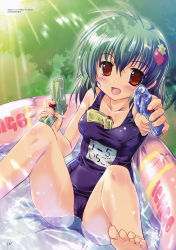 Rule 34 | 1girl, absurdres, aiming, bare shoulders, barefoot, between breasts, blush, breasts, dual wielding, feet, food, food-themed hair ornament, fruit, green hair, hair ornament, happy, highres, holding, komatsu eiji, long hair, looking at viewer, name tag, non-web source, one-piece swimsuit, open mouth, orange eyes, original, school swimsuit, shiny clothes, sitting, smile, solo, spread legs, strawberry, strawberry hair ornament, sunlight, swimsuit, toes, tongue, wading pool, water, water gun, wet