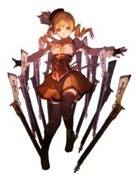 Rule 34 | 10s, 1girl, beret, blonde hair, boots, brown thighhighs, corset, detached sleeves, drill hair, fingerless gloves, gloves, gun, hair ornament, hairpin, hat, lemontea, magical girl, magical musket, mahou shoujo madoka magica, mahou shoujo madoka magica (anime), pleated skirt, puffy sleeves, simple background, skirt, smile, solo, striped clothes, striped thighhighs, thighhighs, tomoe mami, twin drills, twintails, vertical-striped clothes, vertical-striped thighhighs, weapon, yellow eyes
