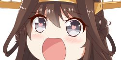 Rule 34 | 10s, 1girl, brown hair, close-up, double bun, hairband, headgear, heart, heart-shaped pupils, kantai collection, kongou (kancolle), long hair, looking at viewer, nahaki, no nose, open mouth, purple eyes, simple background, sin-poi, solo, symbol-shaped pupils, white background