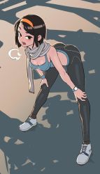Rule 34 | 1girl, apple watch, ass, bent over, black hair, blush, bob cut, breasts, brown eyes, brown socks, character request, cleavage, copyright request, downblouse, dusk, exercising, full body, hairband, hand on own knee, heavy breathing, highres, legs, long legs, looking at viewer, medium breasts, midriff, nisetanaka, open mouth, orange hairband, pants, scarf, shoes, smartwatch, sneakers, socks, solo, sports bra, striped clothes, striped scarf, sweat, swept bangs, watch, wristband, wristwatch, yoga pants