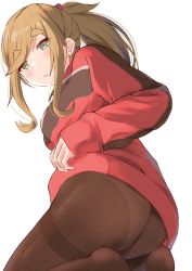 Rule 34 | 1girl, ass, blonde hair, blush, closed mouth, dot nose, fang, file112056, green eyes, hair bobbles, hair ornament, highres, inuyama aoi, long hair, looking back, panties, panties under pantyhose, pantyhose, red sweater, seiza, simple background, sitting, skin fang, sweater, thick eyebrows, underwear, white background, yurucamp