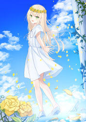 Rule 34 | 1girl, :d, bad id, bad pixiv id, blonde hair, blue sky, blush, center frills, cloud, cloudy sky, column, dress, facing away, falling leaves, floating hair, flower, frills, from behind, full body, green eyes, head wreath, highres, ivy, leaf, long hair, looking at viewer, open hand, open mouth, original, outstretched arm, pillar, senri (senri sen), shoes, short sleeves, sky, smile, solo, walking, white dress, white footwear, wind