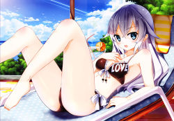 Rule 34 | 10s, 1girl, :d, barefoot, bikini, black heart (neptunia), blue eyes, blush, brown bikini, chair, cloud, day, drink, english text, front-tie top, hand on own chest, highres, kaho okashii, legs, legs up, long hair, lounge chair, lying, neptune (series), noire (neptunia), on back, open mouth, outdoors, scan, smile, solo, swimsuit, umbrella, white hair