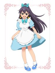 Rule 34 | 1girl, antenna hair, apron, black hair, blue bow, blue bowtie, blue dress, blue eyes, blue ribbon, blush, bow, bowtie, breasts, dress, earrings, fang, frilled apron, frills, full body, ganaha hibiki, hair bow, hair ribbon, highres, idolmaster, idolmaster (classic), idolmaster million live!, idolmaster million live! theater days, jewelry, long hair, looking at viewer, mary janes, medium breasts, open mouth, pigeon-toed, ponytail, ribbon, shoes, short sleeves, skirt hold, smile, socks, solo, standing, star (symbol), star earrings, the end of chun, waist bow, white apron, white background, white bow