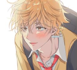 Rule 34 | 1boy, bishounen, blonde hair, blush, cardigan, collared shirt, commentary request, hair between eyes, highres, korean commentary, looking ahead, loose necktie, maengdu (ma0du), male focus, messy hair, necktie, parted lips, red necktie, shima sousuke, shirt, short hair, simple background, skip to loafer, solo, twitter username, upper body, white background, white shirt, yellow cardigan, yellow eyes