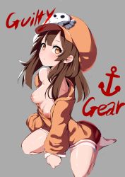 Rule 34 | 1girl, absurdres, anchor, breasts, brown eyes, brown hair, coat, copyright name, english text, guilty gear, guilty gear strive, hat, highres, long hair, may (guilty gear), medium breasts, naked coat, nipples, orange hat, orange shirt, pirate hat, shirt, sitting, skull and crossbones, solo, trap (drthumt), wariza