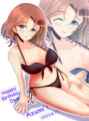 Rule 34 | 1girl, azumi (girls und panzer), bikini, birthday, blue eyes, blush, breasts, brown hair, character name, cleavage, collarbone, dated, english text, girls und panzer, happy birthday, highres, kumaisao, large breasts, looking at viewer, one eye closed, open mouth, parted bangs, short hair, smile, solo, swimsuit