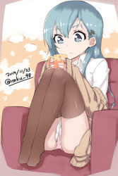 Rule 34 | 10s, 1girl, 2014, blue eyes, blue hair, brown thighhighs, chair, collared shirt, cup, dated, hair ornament, hairclip, highres, kantai collection, knees up, legs together, long hair, long sleeves, matching hair/eyes, mku, mug, off shoulder, panties, pantyshot, pink panties, shirt, sitting, sleeves past wrists, solo, suzuya (kancolle), sweater, thighhighs, twitter username, underwear, white shirt
