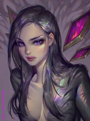 Rule 34 | 1girl, artist name, bluemist72, bodysuit, breasts, closed mouth, collarbone, detached wings, floating, floating object, grey bodysuit, highres, kai&#039;sa, league of legends, long hair, looking at viewer, medium breasts, purple eyes, shiny skin, solo, upper body, wings