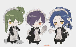 Rule 34 | 3boys, absurdres, apron, black dress, blue hair, chesed (project moon), cup, dress, duster, full body, green hair, hair over one eye, hand up, highres, holding, holding cup, holding duster, holding mop, juliet sleeves, library of ruina, long sleeves, low ponytail, maid, maid apron, maid headdress, mesoold, mop, mug, multiple boys, netzach (project moon), parted bangs, project moon, puffy sleeves, purple hair, simple background, white apron, white background, yesod (project moon)