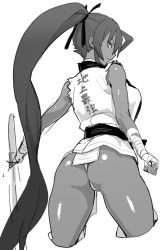 Rule 34 | ass, bandages, from behind, greyscale, looking back, monochrome, original, ponytail, solo, sword, thong, translation request, velzhe, weapon