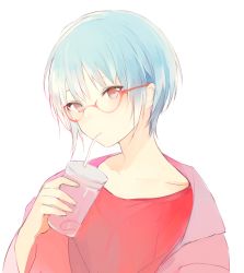 Rule 34 | 1boy, androgynous, blue hair, closed mouth, commentary, cup, drinking, drinking straw, holding, holding cup, jacket, looking at viewer, lpip, male focus, open clothes, open jacket, original, red-framed eyewear, red eyes, red shirt, shirt, sidelocks, simple background, solo, upper body, white background