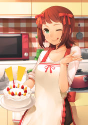 Rule 34 | 1girl, ;p, ;q, amami haruka, apron, bow, breasts, brown hair, cake, cleavage, food, fruit, green eyes, hair bow, highres, hitoto, idolmaster, idolmaster (classic), kitchen, microwave, one eye closed, orange (fruit), plate, saucepan, short hair, sleeves rolled up, small breasts, smile, solo, strawberry, tongue, tongue out, whisk, wink