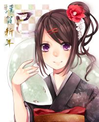 Rule 34 | 1girl, brown hair, flower, hair flower, hair ornament, highres, japanese clothes, kimono, new year, original, purple eyes, sasakichi (ssk chi), smile, solo