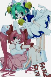 Rule 34 | 2girls, animal ears, animal hat, apron, bare shoulders, bell, blue dress, boots, bow, cat ears, cat hat, cat tail, choker, dejiko, di gi charat, dice hair ornament, dress, full body, gloves, green eyes, green hair, hair bell, hair bow, hair ornament, hat, highres, jingle bell, long hair, maid apron, multiple girls, one eye closed, open mouth, pepeppepe101, pink hair, rabbit ears, red eyes, short hair, simple background, sitting, smile, standing, tail, twintails, usada hikaru, white apron, white background