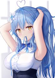 Rule 34 | 1girl, ahoge, armpits, arms up, bare arms, blouse, blue bow, blue bowtie, blue hair, blush, bow, bowtie, breasts, cleavage cutout, clothing cutout, commentary request, corset, flower, hair between eyes, hair flower, hair ornament, half updo, hands on own head, heart, heart ahoge, heart hair, highres, hololive, large breasts, long hair, looking at viewer, mouth hold, ponytail, shadow, shirt, shishou (doragyurosu), sidelocks, sleeveless, sleeveless shirt, solo, tying hair, upper body, virtual youtuber, white shirt, yellow eyes, yukihana lamy