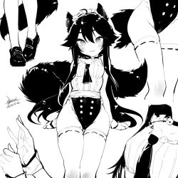 Rule 34 | 1girl, animal ears, black hair, chinese commentary, commentary request, dated, ejami, ekko (ejami), fox ears, fox girl, fox tail, full body, greyscale, groin, long hair, looking at viewer, mole, mole on thigh, monochrome, original, signature, simple background, smile, solo, tail, thighhighs, white background