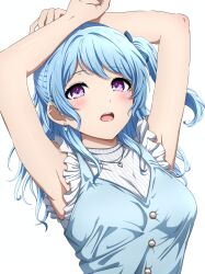 Rule 34 | 1girl, absurdres, armpits, arms up, bang dream!, blue dress, blue hair, blush, breasts, buttons, commentary, dress, highres, looking at viewer, matsubara kanon, medium breasts, noshimurin, one side up, purple eyes, ribbed shirt, shirt, simple background, sleeveless, sleeveless dress, sleeveless shirt, solo, upper body, white background, white shirt