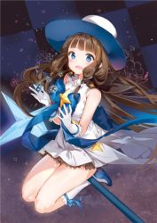 Rule 34 | 1girl, :o, anmi, blue bow, blue hair, bow, brown hair, dress, gem, hair ornament, hat, houkago no pleiades, itsuki (houkago no pleiades), long hair, magical girl, patterned background, shoes, sitting, socks, solo, thighs, white dress
