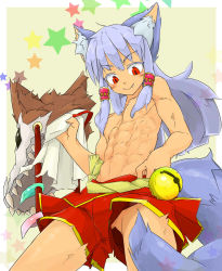 Rule 34 | 10s, 1boy, animal ears, bell, blush, fang, highres, joshitsu (zion16wh), long hair, male focus, mask, merc storia, red eyes, topless male, solo, tail, wolf ears, wolf tail