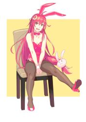 Rule 34 | 1girl, ahoge, alternate costume, animal ears, black pantyhose, bow, bowtie, chair, crescent, crescent hair ornament, detached collar, fake animal ears, fang, full body, hair ornament, high heels, highres, kantai collection, leotard, long hair, looking at viewer, low-tied long hair, open mouth, pantyhose, playboy bunny, pumps, rabbit ears, rabbit hair ornament, red bow, red bowtie, red eyes, red footwear, red hair, red leotard, solo, strapless, strapless leotard, uzuki (kancolle), wrist cuffs, yuuji (and)