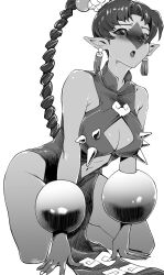 Rule 34 | 1girl, all fours, arm support, artist request, ass, bare legs, bare shoulders, bishoujo senshi sailor moon, blank eyes, braid, breasts, bride, china dress, chinese clothes, cleavage cutout, clothing cutout, colored skin, dress, earrings, fingernails, greyscale, high ponytail, highres, jewelry, jumping, large breasts, looking at viewer, monochrome, navel, navel cutout, open mouth, otedamako, pointy ears, ponytail, revealing clothes, ribbon, shiny skin, short dress, single braid, solo, wide hips