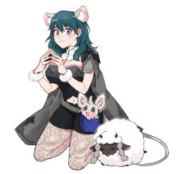Rule 34 | 1girl, animal ears, armor, black shorts, blue eyes, blue hair, byleth (female) (fire emblem), byleth (fire emblem), cape, chuuum m, closed eyes, closed mouth, clothing cutout, creatures (company), crossover, fire emblem, fire emblem: three houses, game freak, gen 5 pokemon, gen 8 pokemon, medium hair, minccino, mouse ears, navel cutout, nintendo, pantyhose, pokemon, pokemon (creature), shorts, simple background, white background, wooloo