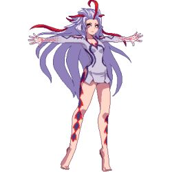 Rule 34 | 1girl, ai the somnium files, aiba (ai the somnium files), alpha transparency, barefoot, breasts, commission, dress, long hair, lowres, medium breasts, multicolored hair, outstretched arms, pixel art, potemki11, purple hair, red eyes, red hair, second-party source, short dress, solo, streaked hair, tiptoes, transparent background, very long hair