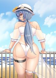 Rule 34 | 1girl,  (girls&#039; frontline), ass, bare shoulders, blue hair, dp-12 (girls&#039; frontline), from behind, girls&#039; frontline, green eyes, hat, highres, huge ass, long hair, looking at viewer, looking back, low ponytail, parted lips, ponytail, shiny skin, smile, solo, swimsuit, thick thighs, thigh strap, thighs, very long hair, xxpulp