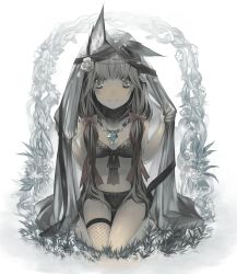 Rule 34 | 1girl, animal ears, backlighting, bikini, black bikini, black thighhighs, blue eyes, closed mouth, fishnet thighhighs, fishnets, fox ears, frilled bikini, frills, front-tie bikini top, front-tie top, grass, grey hair, grey theme, hands up, highres, jewelry, long hair, looking at viewer, low twintails, necklace, original, rayvon, simple background, single thighhigh, smile, solo, swimsuit, tareme, thighhighs, twintails, veil, white background