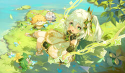 Rule 34 | 1girl, absurdres, aranara (genshin impact), barefoot, chinese commentary, collar, commentary request, dress, flower-shaped pupils, genshin impact, gold trim, grass, green collar, green eyes, highres, leaf, looking at viewer, monabianou, nahida (genshin impact), open mouth, outdoors, paimon (genshin impact), pointy ears, side ponytail, smile, stirrup footwear, swing, symbol-shaped pupils, water, white dress, white footwear, white hair