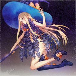 Rule 34 | 1girl, abigail williams (fate), abigail williams (second ascension) (fate), ankle bow, ankle ribbon, asymmetrical legwear, black panties, blonde hair, blue bow, blue hat, blue thighhighs, bow, fate/grand order, fate (series), floating hair, hat, hat bow, holding, leg ribbon, long hair, looking at viewer, panties, parted bangs, parted lips, polka dot, polka dot bow, red eyes, revealing clothes, ribbon, signature, single thighhigh, solo, striped clothes, striped thighhighs, stuffed animal, stuffed toy, teddy bear, thighhighs, underwear, uneven legwear, vertical-striped clothes, vertical-striped thighhighs, very long hair, witch hat, yellow bow, yuuki (yuuk yume)