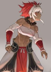Rule 34 | 1girl, abs, arm warmers, bare shoulders, bead necklace, beads, breasts, cowboy shot, dark skin, dark-skinned female, facial mark, fire emblem, fire emblem fates, fur trim, grey background, highres, horn ornament, horns, jewelry, medium breasts, multicolored hair, muscular, muscular female, necklace, nintendo, onao, pants, pelvic curtain, profile, red eyes, red hair, rinkah (fire emblem), sarashi, short hair, simple background, solo, white hair