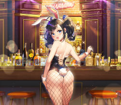 Rule 34 | 1girl, alcohol, animal ears, ass, bad id, bad pixiv id, bar (place), bare shoulders, bartender, blue eyes, blush, bottle, commentary, copyright request, fake animal ears, fake tail, fang, fishnet pantyhose, fishnets, from behind, fur trim, highres, indoors, k2h, leotard, long hair, looking at viewer, open mouth, pantyhose, playboy bunny, rabbit ears, rabbit tail, smile, solo, standing, tail, twintails, two side up