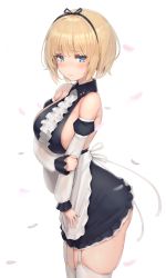 Rule 34 | 1girl, apron, bare shoulders, black bow, black dress, blonde hair, blue eyes, bow, breasts, center frills, closed mouth, collared shirt, commentary, detached sleeves, dress, english commentary, frills, from side, garter straps, hair bow, hairband, highres, large breasts, looking at viewer, maid, original, reinama, shirt, short hair, sideboob, sidelocks, simple background, solo, standing, thighhighs, waist apron, white apron, white background, white thighhighs