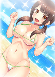 Rule 34 | 1girl, areola slip, arms up, beach, bikini, blue sky, blunt bangs, breasts, brown eyes, brown hair, clenched hands, cloud, collarbone, commentary request, day, dutch angle, kondou ryunosuke, large breasts, looking at viewer, medium breasts, micro bikini, navel, ocean, okita sawa, open mouth, outdoors, sidelocks, sky, smile, solo, sparkle, standing, sweat, swimsuit, tari tari, twintails, water, white bikini