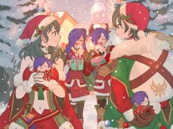 Rule 34 | 2boys, 2girls, byleth (female) (fire emblem), byleth (female) (frosty professor) (fire emblem), byleth (fire emblem), byleth (male) (fire emblem), byleth (male) (frosty professor) (fire emblem), cape, character doll, christmas, commentary request, doll, dual persona, fire emblem, fire emblem: three houses, fire emblem warriors: three hopes, fur-trimmed cape, fur trim, green cape, green hair, hair over one eye, hat, highres, holding, holding doll, holly hat ornament, looking at another, multiple boys, multiple girls, nintendo, open mouth, purple hair, red cape, sack, santa hat, sasaki (dkenpisss), shez (female) (fire emblem), shez (fire emblem), shez (male) (fire emblem), smile